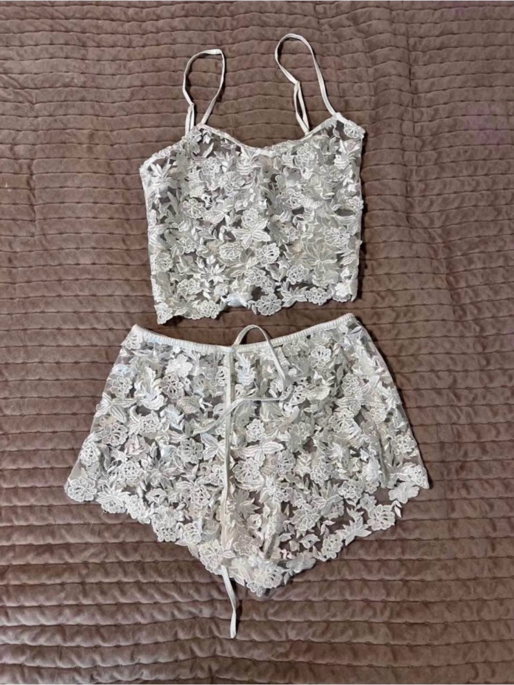 Lace Floral Camisole & Short Set — White